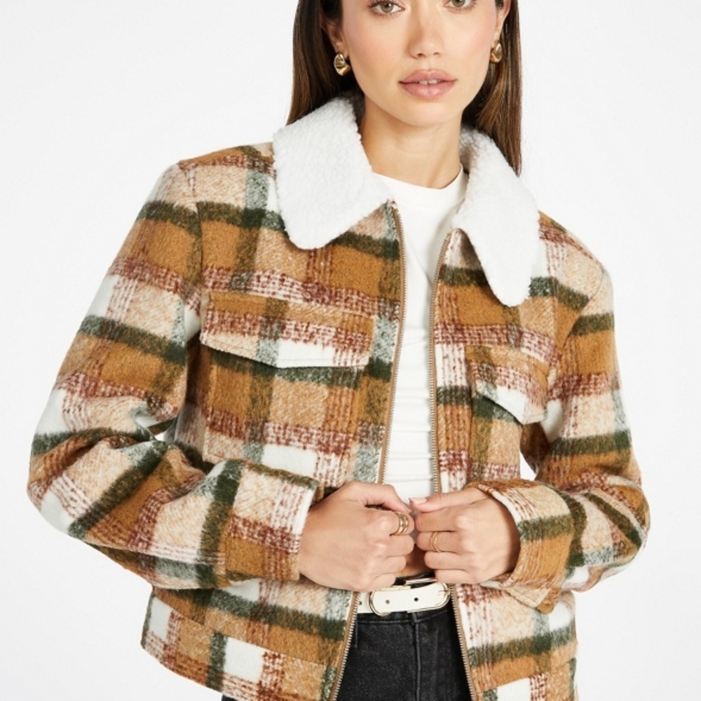 Plaid Flannel Jacket With Sherpa Collar